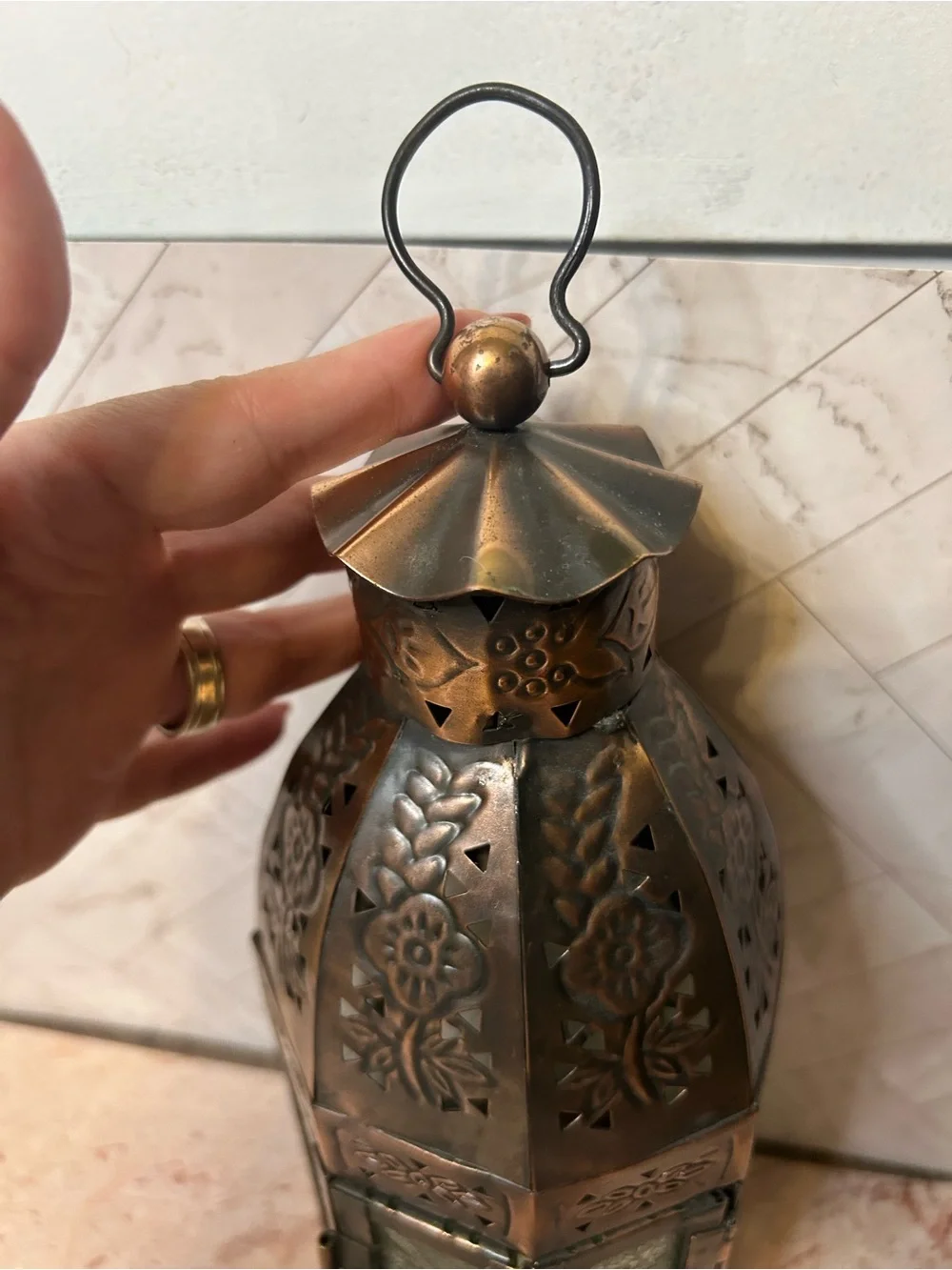 Antique- Moroccan Style Copper Lantern with Green Glass Panel
